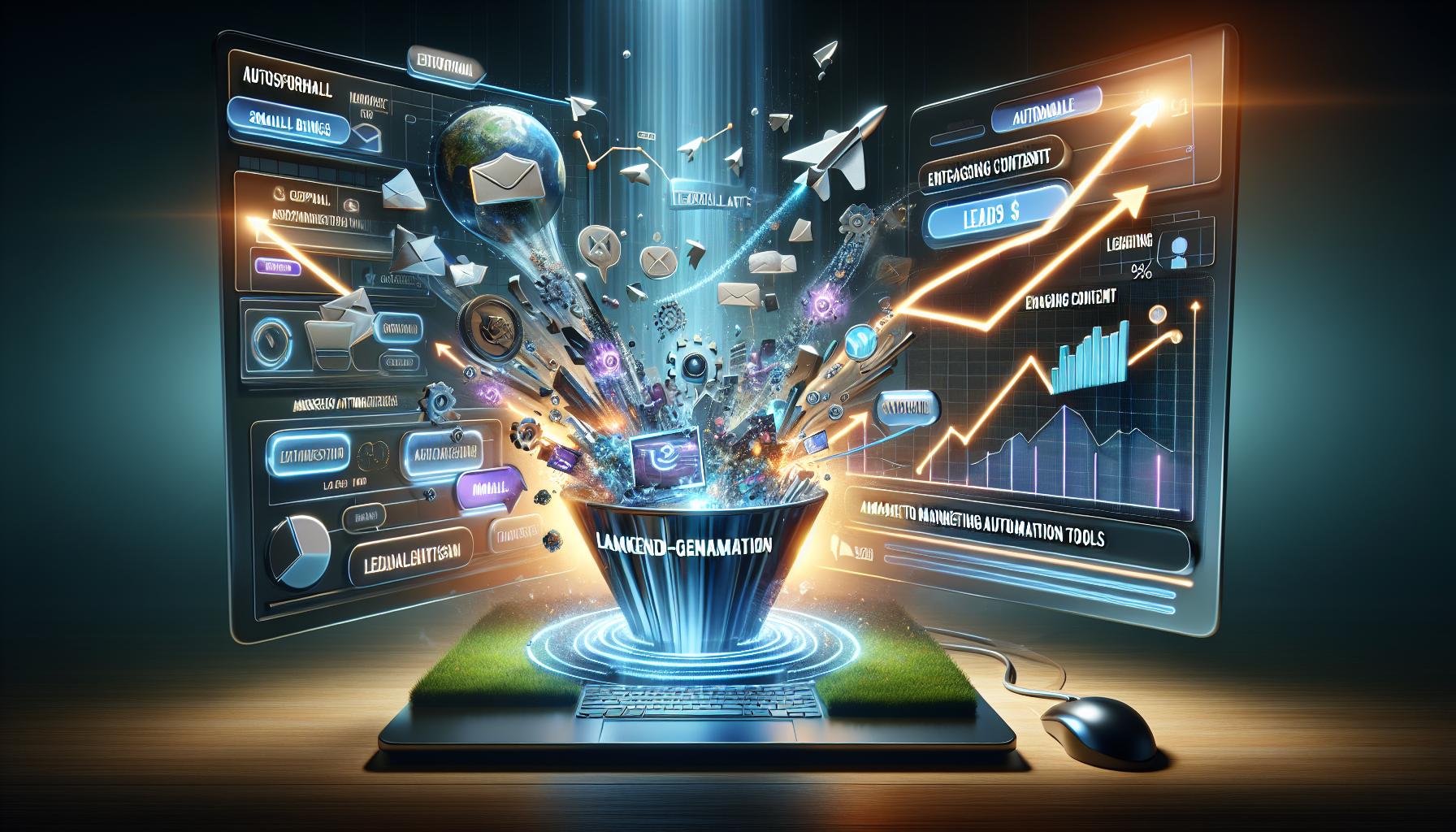 "Create a 3D digital art piece illustrating a small to medium-sized business (SME) website transforming into a lead-generation machine. The scene should include elements like automated emails flowing from a computer, charts demonstrating lead growth, engaging content being created, and a visually dynamic representation of marketing automation tools like HubSpot and ActiveCampaign. Use interesting lighting to highlight the energy and innovation behind modern marketing strategies, with a futuristic and professional atmosphere that appeals to business owners looking to enhance their online presence."