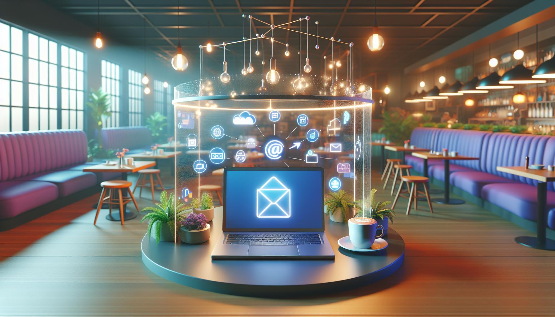 3D-Digital-Art eines kleinen Unternehmens, das Marketing-Automation nutzt: ein gemütliches Café mit einem Laptop auf dem Tisch, der einen E-Mail-Marketing-Software-Bildschirm zeigt; im Hintergrund eine inspirierende Atmosphäre mit Pflanzen und Lichtakzenten; helle Farben und kreative Gestaltungselemente, die den Einsatz von Technologie zur effizienten Kundenansprache verdeutlichen.