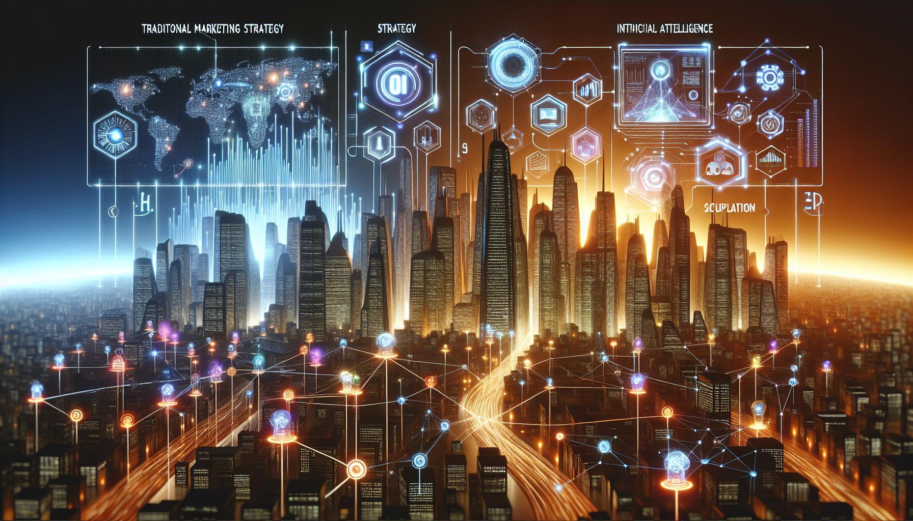 3D-Digital-Art einer futuristischen Stadtlandschaft, die digitale Technologien und künstliche Intelligenz symbolisiert. Im Vordergrund ein komplexes Netzwerk von Datenanalysen und SEO-Tools, dargestellt durch leuchtende Linien und interaktive Diagramme. Gebäude in der Stadt sind mit Animationen versehen, die eine Mischung aus traditioneller Marketingstrategie und innovativen KI-Gestaltungen zeigen. Die Beleuchtung betont den Kontrast zwischen bewährten Methoden (warmer Lichtton) und spekulativen Techniken (kühler Lichtton), um die Debatte über Strategie versus Spekulation zu visualisieren.